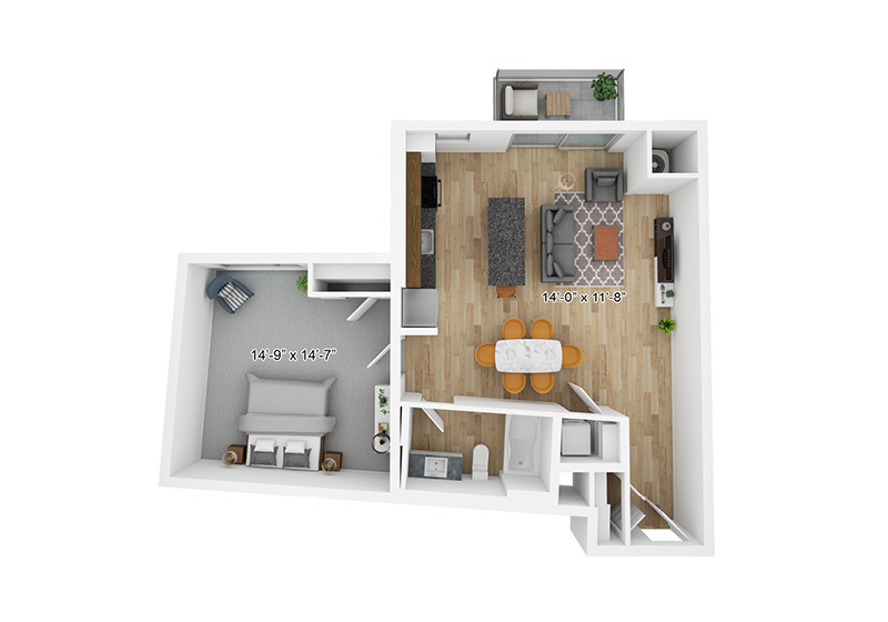 One-bedroom floor plan at The Pitch Apartments