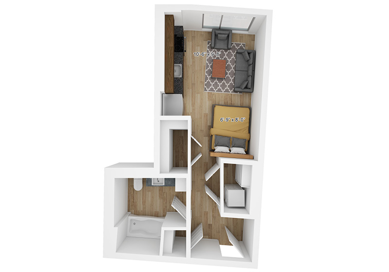 Studio floor plan at The Pitch Apartments